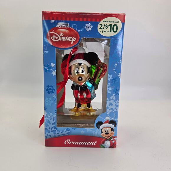 Disney Mickey Mouse Santa Glass Ornament with Gifts in Box Christmas - Picture 1 of 6